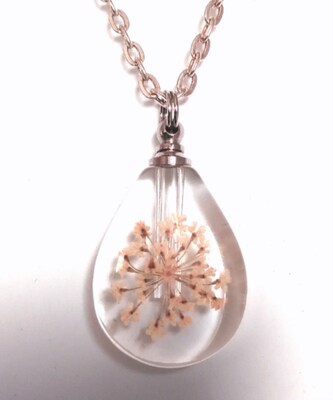 Clear Teardrop Crystal CREMATION URN NECKLACE with Embedded Dried Peach Color Flowers (each is unique) - Includes Velvet Pouch and Fill Kit - image1